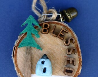 Art on wood slice, house and tree, little blue house, winter, woods, round art, hand made, art on wood, wood slice, snow, letter