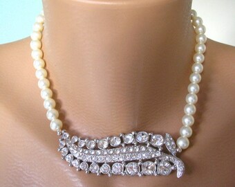 Swarovski Pearl Necklace, Mother of the Bride, Bridal Choker, Statement Necklace, Pearl Choker, Great Gatsby, Wedding, Rhinestones