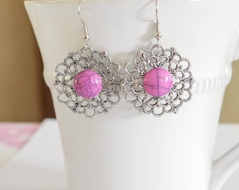 Hot pink and silver dangling earrings