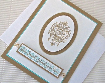 When I need a friend you're there card handmade stamped embellished masculine friendship brown aqua vintage stationery