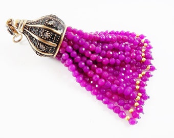 Large Long Magenta Purple Jade Stone Beaded Tassel with Crystal Accents - Antique Bronze - 1PC