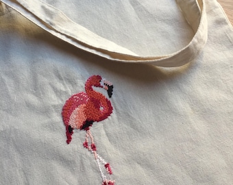 Canvas cotton bag with embroidered flamingo