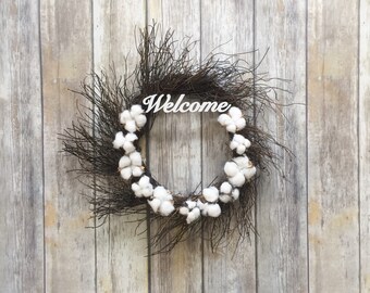 Cotton Boll Spray Wreath - Cotton Ball Grapevine - Farmhouse Wreath - Rustic Wreath - Welcome Wreath - Natural Twig Wreath, Minimalist Decor
