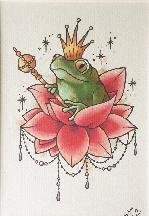 Frog Prince Tattoo Style Art Print Fairytale Watercolour Painting Nursery Wall Gift Ideas Frog Prince Tattoo Style Art Print Fairytale Watercolour Painting Nursery Wall Gift Ideas