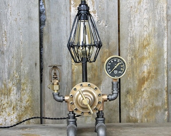 Steampunk Table Lamp with a Brass Regulator- Industrial Desk Lamp #132