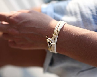 Ivory Leather Anchor Bracelet, Womens bracelet, Anchor bracelet woman, Anchor charm Girlfriend bracelet Girlfriend jewelry Nautical bracelet