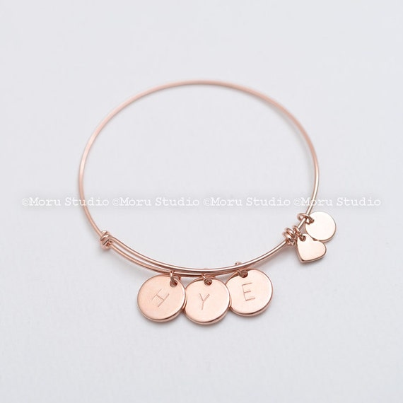 Personalized Initial Disc Bangle with Dainty Heart/ Hand