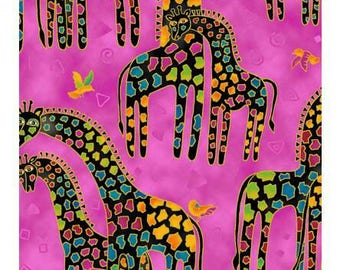 Laurel Burch Mythical Jungle Giraffes Pink Fabric