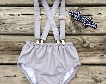 Baby Boy Diaper Cover Set, Baby boy Bloomer, Diaper Cover - 3pc. Diaper Cover, Suspenders and Bowtie.