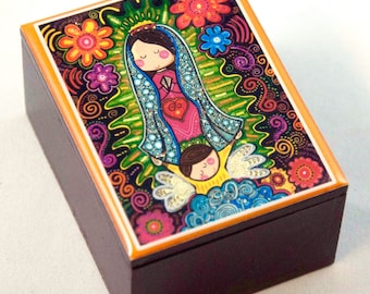 Our Lady of Guadalupe.Virgen de Guadalupe Plis. Wooden box.Communion. Prayer beads box. Nuestra Señora de Guadalupe. Christening Memories
