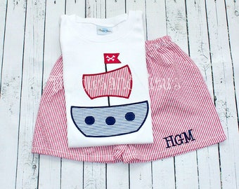 Pirate Ship Tshirt and Shorts Set, Personalized Pirate Ship Stitch & Matching Gingham Bottoms, Pirate Ship Tshirt,, Ship Applique Shirt