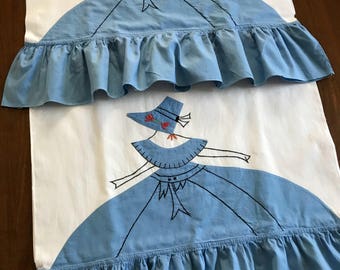 Pair SOUTHERN BELLE Vintage Pillowcases~Embroidery & Top Stitching~Applique Dress/Skirt~Ruffled Edge~Two~Hand-Made~Bed Linens~Cotton