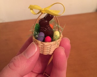 Dollhouse Miniature Realistic Easter Basket with Faux Chocolate Bunny & Eggs