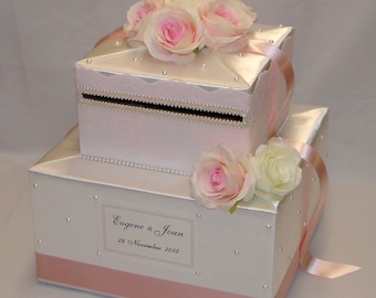 Blush Pink and Ivory Lace Wedding Card Box-Blush and Ivory Roses-Pearl accents