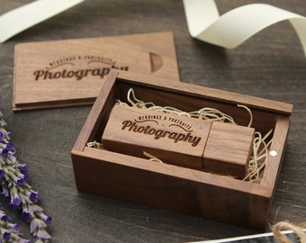 Engraved Walnut Wood Box & USB Flash Drive Set- Personalized USB Thumb Drive - Custom Photography Wedding USB Drive