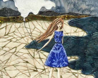 Original artwork, gifts for her, home decor, shellieartist, blue dress, beach decor, peace, happiness, graduation gift, mixed medium art