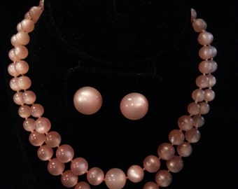 Pink 1940s Satinore Double Strand Moonglow Necklace and Earrings Signed Richelieu...