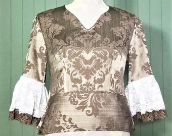 Gold Satin Flared Lace Peplum Top Size 8