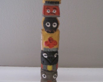 TOTEM POLE Vintage Wooden Hand Painted Hand Carved Totem Pole 70s Northwest Coast
