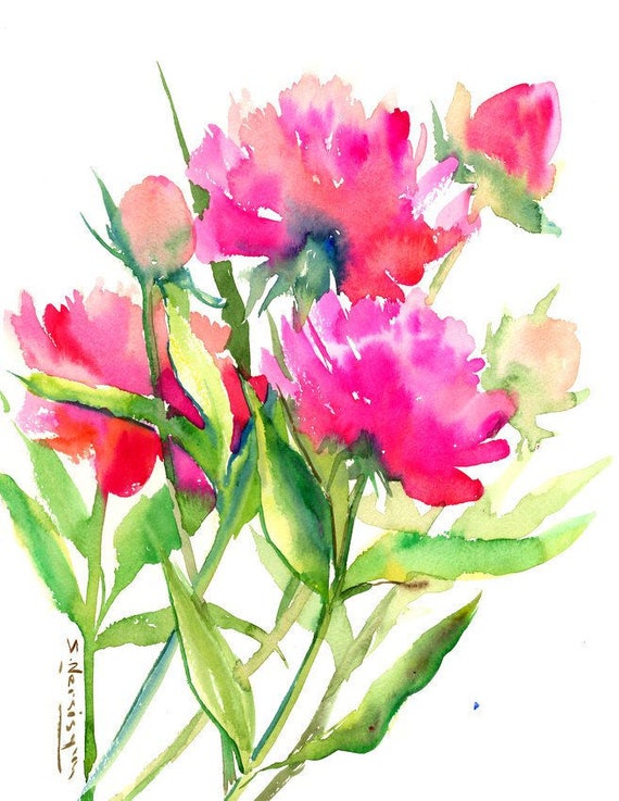 Bright Pink Peonies Original watercolor painting 15 x 12 in
