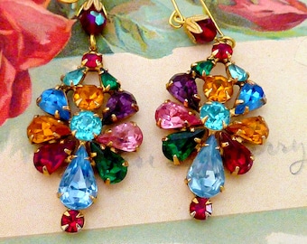 DAZZLING COLORFUL RHINESTONES vintage antique assemblage earrings Hollywood glamour