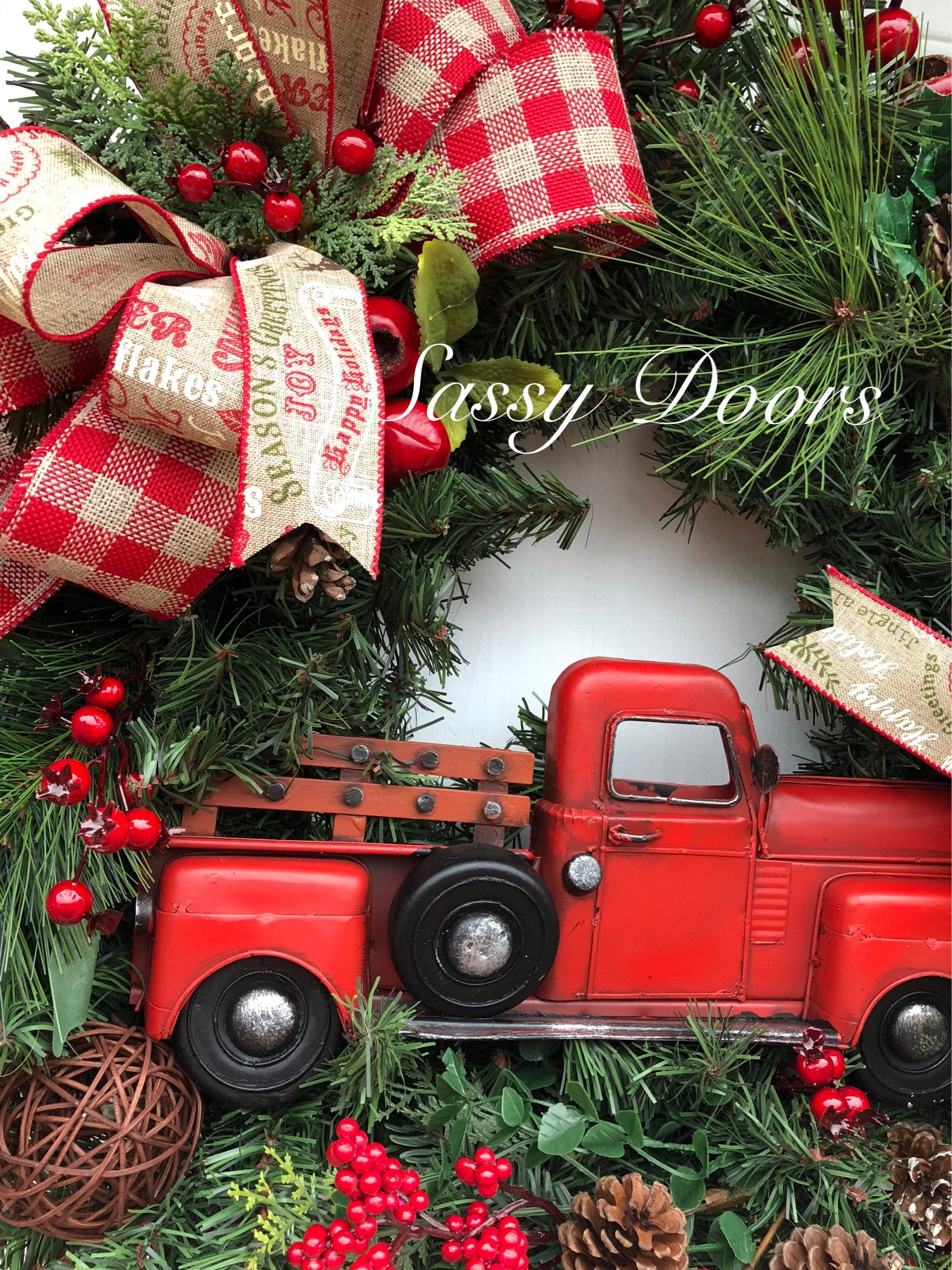 Red Truck Wreath, Christmas Wreath, Rustic Christmas Wreath, Red Truck