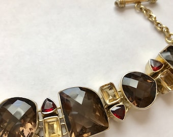 Vintage Estate Vermeil Smoky Quartz Garnet and Cirtine Chunky Bracelet