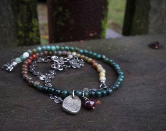 Ocean jasper layered wrap bracelet, sterling silver, disc links, recycled ingot charm, ombre gemstones, long necklace, silversmith jewelry