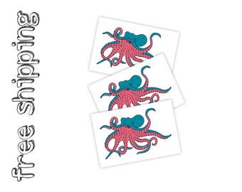 Set of 3 temporary tattoos Octopus. Nautical kids body stickers with marine animal. Modern ocean design. TT230