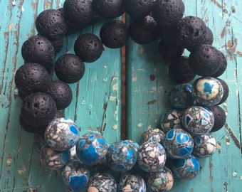 Chunky Lava Bead + Turquoise Mosaic Jade | Essential Oil Diffuser | 10 mm | Spiritual Junkies | Yoga + Meditation | Stackable Mala Bracelet