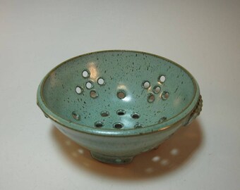 Berry Bowl Fruit Bowl Colander with Textured Handles - Blue-Green Handmade Pottery