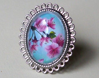 Turquoise and pink cherry blossoms fuchsia 18x25mm glass cabochon handmade ring