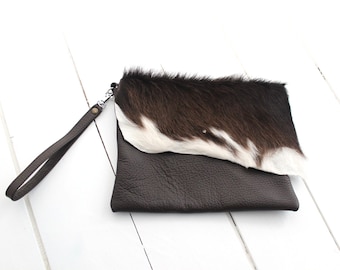 Brown Cow Hide Clutch, Hair on Hide Bag, Brown Leather Clutch, Fur Clutch