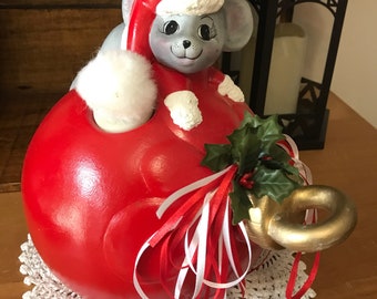 Large ceramic christmas bulb with mouse figurine, centerpiece.