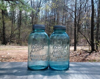 Vintage Ball Jars - Blue Mason Jars - 1923 to 1933 Ball Jars - Half Gallon Blue Mason Jars with Zinc Lids - Wedding Decor