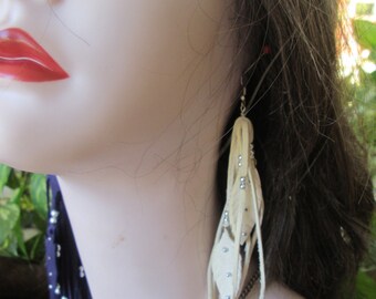White Deerskin Leather Earrings With Silver beads And Leather Feathers