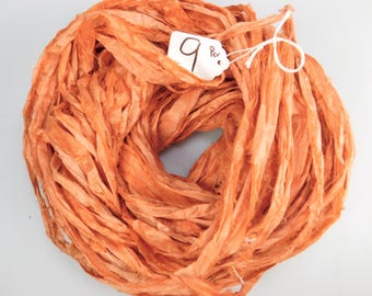 Sari Silk Ribbon, Recycled Silk Sari Ribbon, orange Ribbon, Persimmon sari ribbon, weaving supply, knitting supply, crochet supply