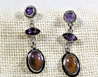 Amethyst and cacoxenite earrings, dangle earrings, purple earrings, drop earrings