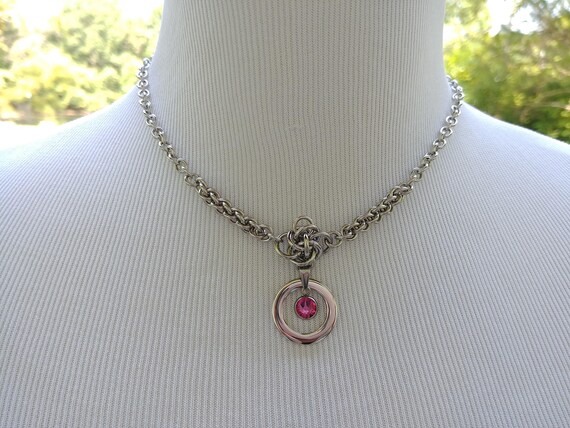 Personalized Birthstone 24/7 Wear Discreet Symbolic O Ring Day Collar Necklace, DDLG, Submissive Slave Collar, Stainless Steel Chain/Maille