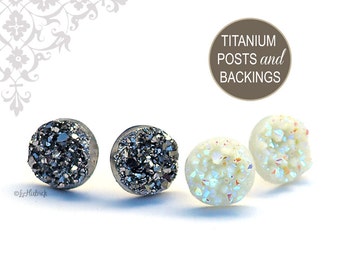 Glitter Stud Titanium Earrings, Dark Silver and Ivory AB Resin Drusy Earrings, 12mm, Faux Druzy with Titanium Posts, 2 Pair Set
