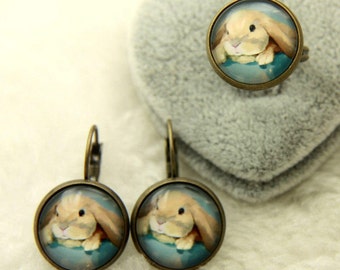 Rabbit jewelry set, Rabbit earrings, Rabbit ring 1616