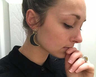 Handmade Leather Moon Earrings // Bohemian Leather Earrings // Black & Gold Moon Earrings