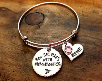 Now She Flies With Hummingbirds Bangle, Hummingbird Memorial Brcelet, In Memory of Bangle, Sympathy Gift For Her, Hummingbird Jewelry