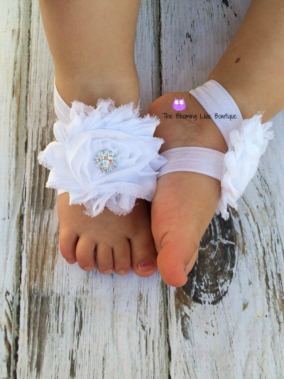 White Baby Barefoot Sandals with Rhinestone Newborn Sandals