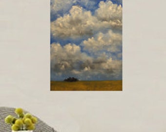 Tall Landscape Painting, Clouds, Blue Sky, Trees, Golden Field, Large Oil Painting, Winjimir, Home Decor, Wall Art, Original Painting, Gift,