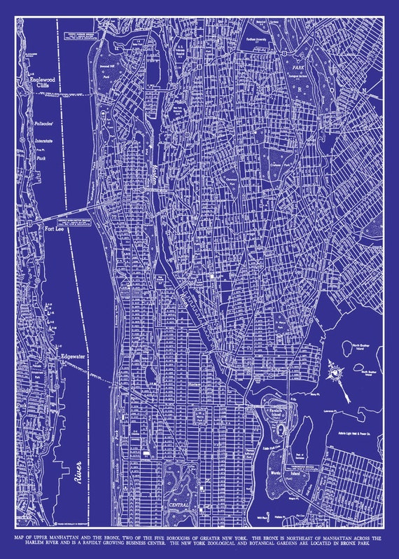 new york city map upper manhattan street map vintage