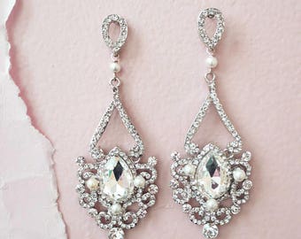 Bridal Chandelier Earrings Art Deco Wedding Jewelry Crystal Bridal Earrings Old Hollywood Great Gatsby Earrings Rhinestone Drop Pearl ADIE