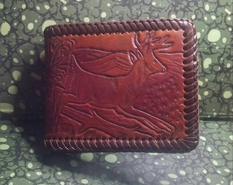 Vintage Handmade Stamped Leather Wallet, Hunting Scene, Deer or Stag, Bow Hunting