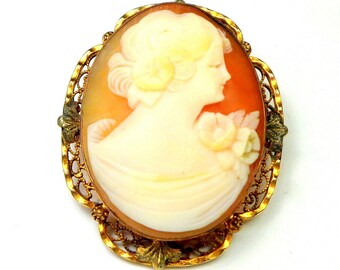 SALE, Victorian, Hand Carved Conch Shell, Cameo Brooch, Gold Filled Frame, Vintage Cameo Brooch
