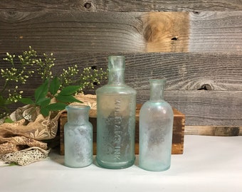 Seafoam Green Glass Antique BOTTLES (3) Instant Collection- Williams Ink- Old Bottle Sunroom Window Decor- D22